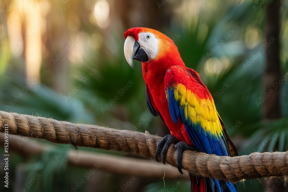 Obraz premium Vibrant scarlet macaw perched on rope in lush tropical setting
