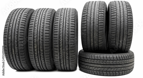 A realistic, high-quality image of two sets of used black tires. Their dents are clearly visible, along with the accumulated dirt, all against a white background. Vector