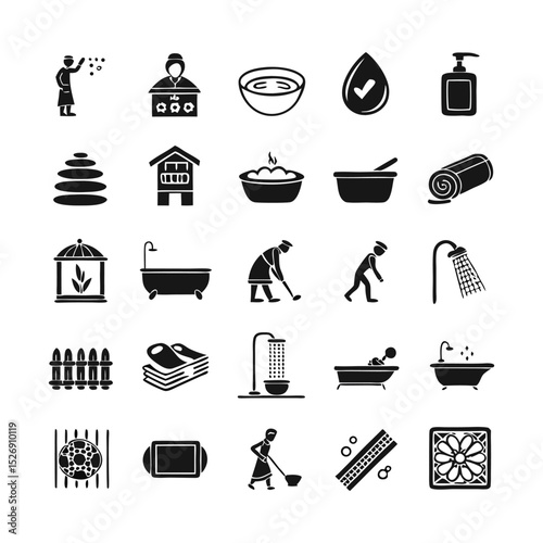 Spa and Bath Glyph Icon Set – Black Silhouette Vector Pictograms of Bathtub, Shower, Sauna, Jacuzzi, Swimming Pool, and Relaxation Elements