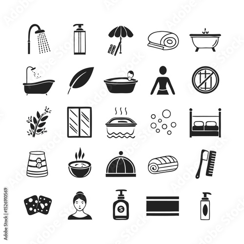 Wellness and Hygiene Glyph Icons – Vector Illustrations of Spa Treatments, Hot Tubs, Personal Care, Soap Bubbles, and Bath Essentials