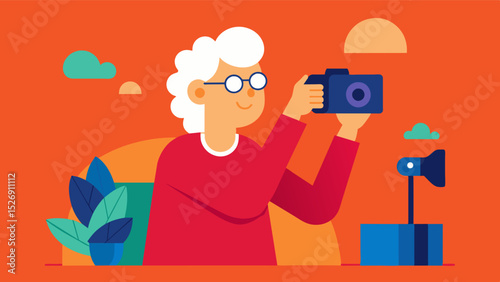 An elderly individual using their love for photography to capture the beauty in everyday life. With each click of the shutter they are not only creating art but also stimulating. Vector illustration