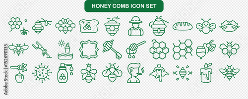 Honeycomb Icon Set, with Bee, Jar, Honey Dipper, Outline on Transparent Background