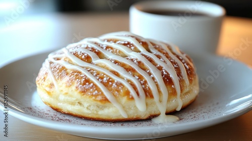Sweet pastry, drizzled with icing, on a plate, beside a coffee cup