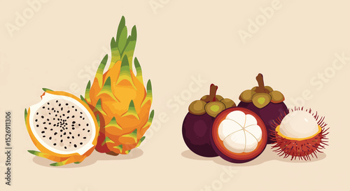 Vibrant Yellow Dragon Fruit and Exotic Mangosteen & Rambutan Illustration
