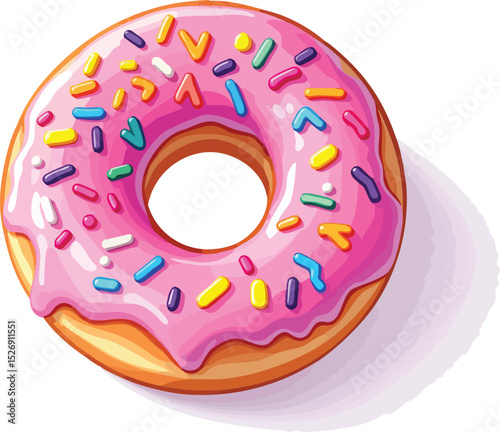 Delicious cartoon illustration of a pink frosted donut covered with colorful sprinkles.