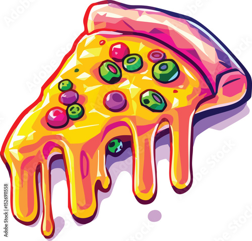 Delicious illustration of a cheesy pizza slice with colorful olives and dripping melted cheese.