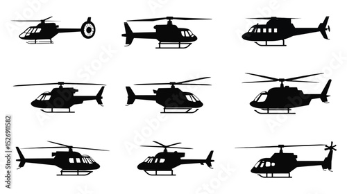 Collection of diverse helicopter silhouettes depicting various aircraft types and designs in black