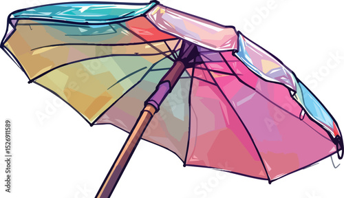 Hand drawn colorful illustration of an open beach umbrella providing summer shade and protection.
