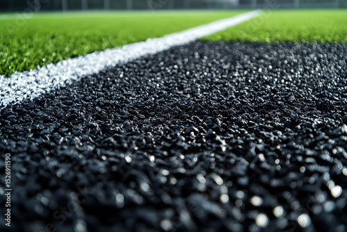 Black rubber granules scattered on artificial turf surface near white field marking on sports ground photo