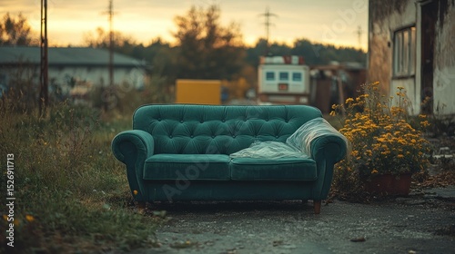 Teal couch abandoned in overgrown lot at sunset