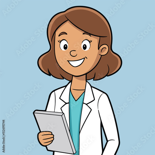Female Cartoon Doctor Character with Clipboard | Medical Professional Illustration