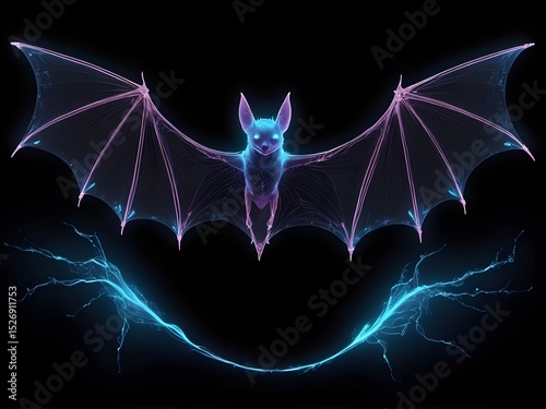 Fantastical Glowing Bat with Translucent Purple and Blue Wings in Kirlian Style, Mystical and Ethereal on Dark Background