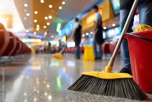 Busy airport terminal with cleaning crew and bright lighting