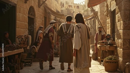 Wallpaper Mural Jesus Christ teaching men in ancient middle eastern street, biblical scene, Christianity and gospel concept footage. Torontodigital.ca