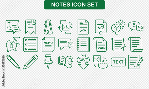 Green Line Art Notes Icons Collection on Transparent Background for Design Elements
