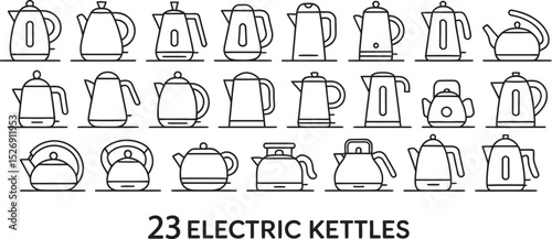 Collection of twenty-three electric kettle outlines in minimalist black and white design