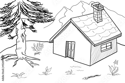 Hand drawn black and white illustration of a house in the wild. Family house in the wilderness. Coniferous tree near the house, high mountains in the background and wild nature around the house. 