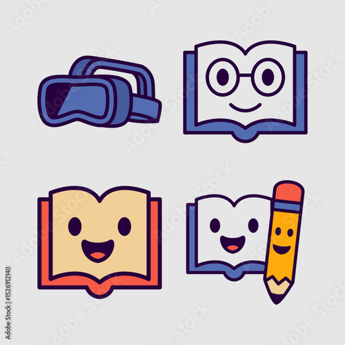 Cartoon Fun Education Mascot Icons. Fun Learning Characters, Book, Robot, Rocket, VR, Earth, Owl,Bag