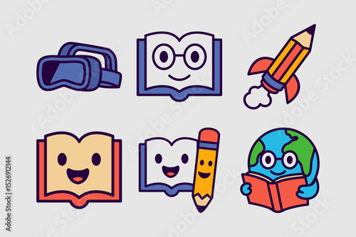 Cartoon Fun Education Mascot Icons. Fun Learning Characters, Book, Robot, Rocket, VR, Earth, Owl,Bag