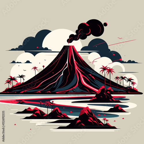 Stylized volcano erupting with smoke and lava in a dramatic landscape