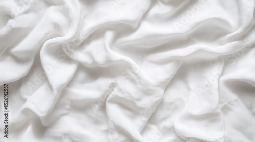 White crumpled linen fabric texture background. Cotton canvas material with soft folds, delicate fiber pattern. Natural handmade eco textile for clothing design, home decor, crafts. Blank wallpaper photo