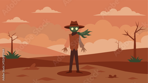 A painting of a lone scarecrow standing tall in a field with no crops surrounding it a reminder of the lack of planting and growth caused by declining agricultural practices.. Vector illustration