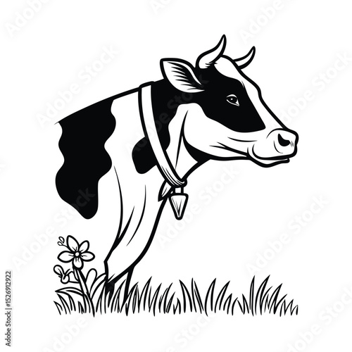 Black and White Cow Illustration with Flower and Grass