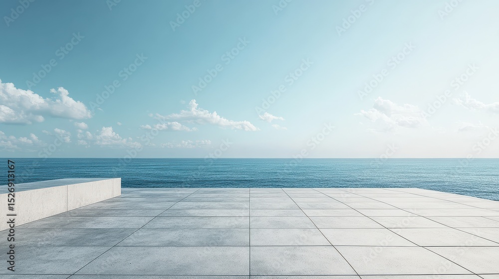 Fototapeta premium Spacious empty concrete platform overlooking ocean with futuristic architectural background