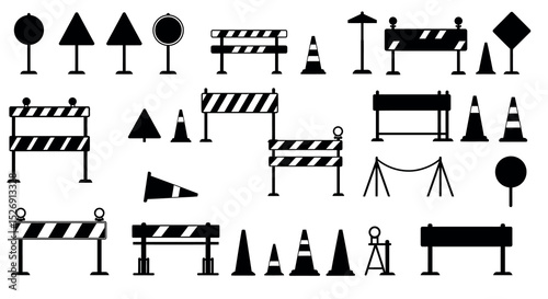 Variety of traffic signs and barriers silhouettes for road safety vector illustration