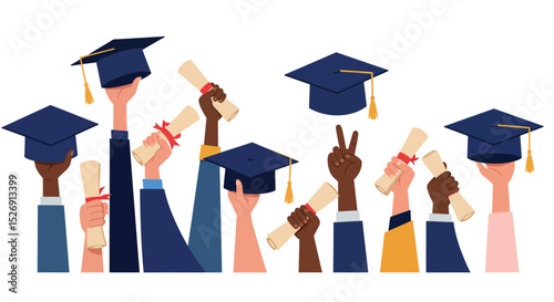 Diverse group of graduates celebrating with caps and diplomas raised in the air vector illustration