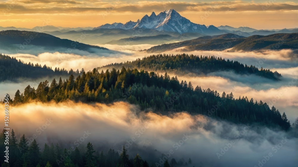 Fototapeta premium Mountainous landscape bathed in golden sunrise light, shrouded in mist