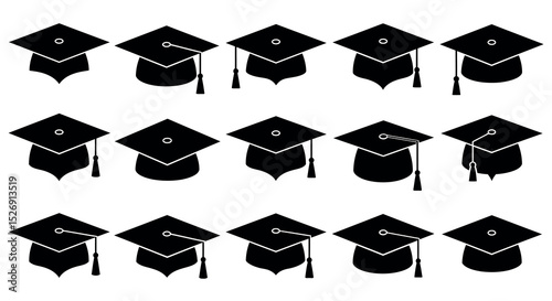 Multiple black graduation caps in a graduated arrangement vector illustration