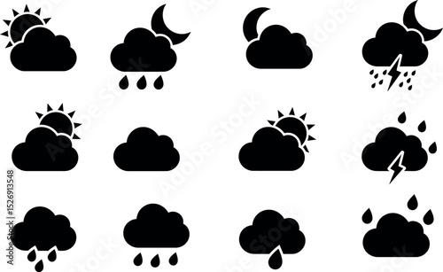 Weather icons collection: sun, clouds, rain, thunder, moon phases vector illustration