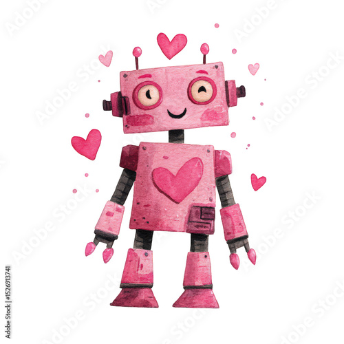 Cute Pink Robot with Heart and Smiley Face, Celebrating Love and Joy