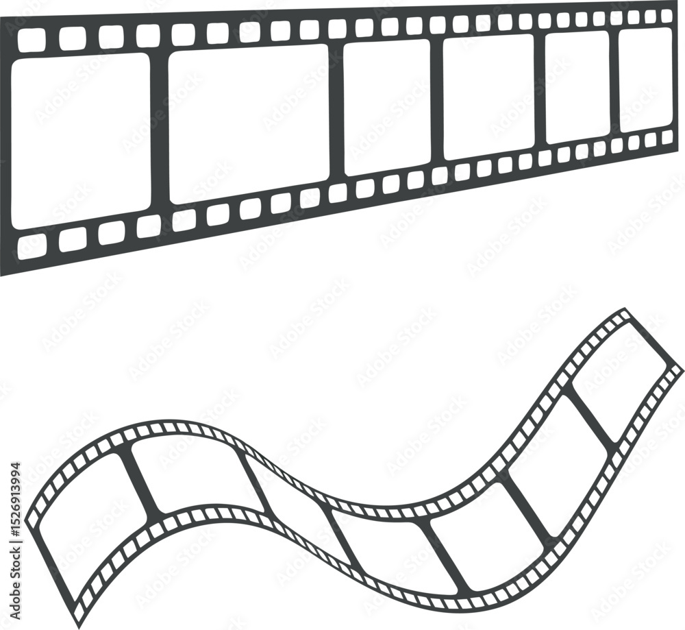 Fototapeta premium Monochrome Film Strip Illustration with Straight and Curved Strips Featuring Empty Frames and Classic Perforated Edges, vector film strip