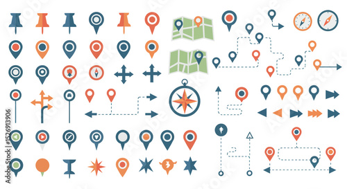Variety of navigation icons for maps and directions with pins, arrows, and compasses vector illustration