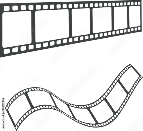 Monochrome Film Strip Illustration with Straight and Curved Strips Featuring Empty Frames and Classic Perforated Edges, vector film strip
