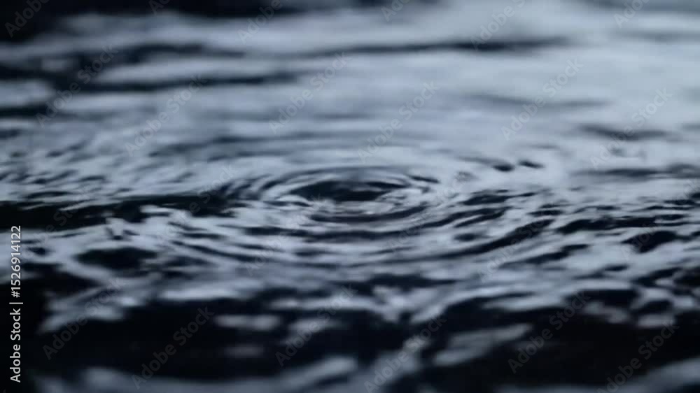 Gentle raindrops fall and ripple on a reflective surface in a calm loop. Gentle raindrops fall and ripple on a reflective surface in a calm loop.
