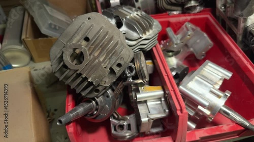 Internal combustion engine parts, cylinders, pistons, cylinder heads are on the shelves in the repair shop