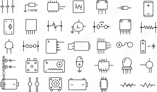 Various electrical circuit symbols and electronic components collection vector illustration