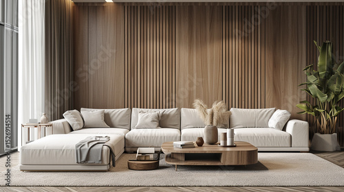 3 d render of modern living room with sofa and coffee table