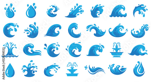 Collection of blue water wave and splash icons in various forms vector illustration