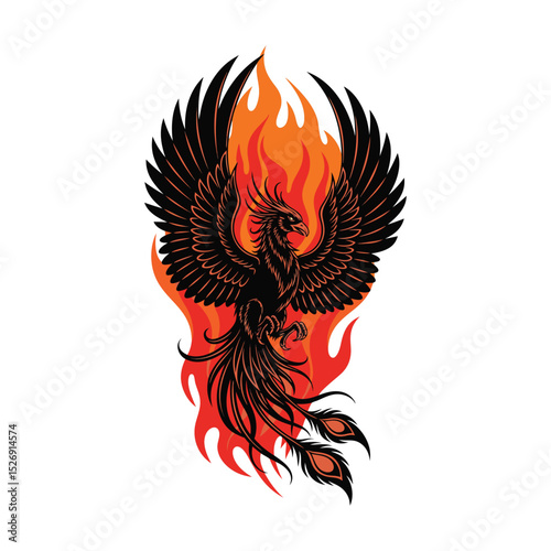 Majestic Phoenix Rising from Flames Illustration on White Background
