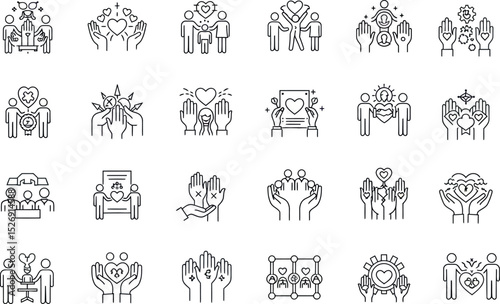 Diverse icons of unity and compassion with hands, hearts, and people vector illustration