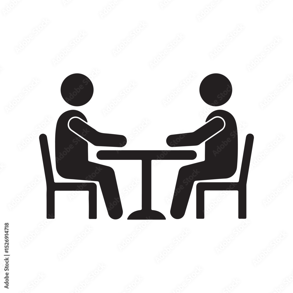 Fototapeta premium Two people sitting opposite each other at a table, simple pictogram