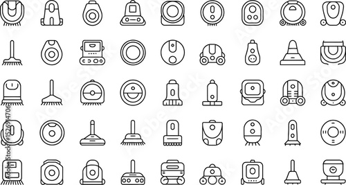 Collection of vector icons depicting robotic vacuum cleaners and cleaning tools