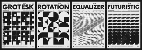 Modern abstract poster collection, vector minimalist posters with geometric shapes in black and white, brutalist style inspired graphics, bold aesthetic, shape distortion effect set 17