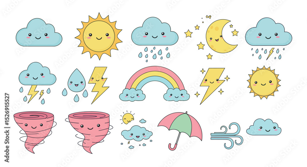 Fototapeta premium Cute weather icons: sun, clouds, moon, tornado, rainbow, umbrella vector illustration
