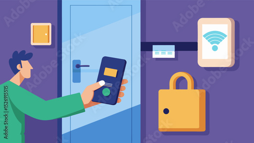 The cabins owner can remotely unlock the front door for guests through a smart lock making checkin a breeze.. Vector illustration