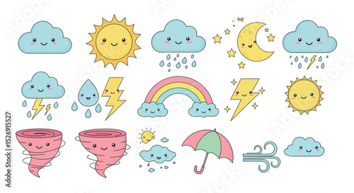 Cute weather icons: sun, clouds, moon, tornado, rainbow, umbrella vector illustration